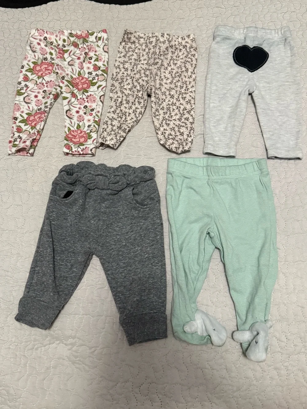 0-3 month Baby Girls Mixed gray & Floral Bottoms Pack - Gray, Pink, Mint 5 Set